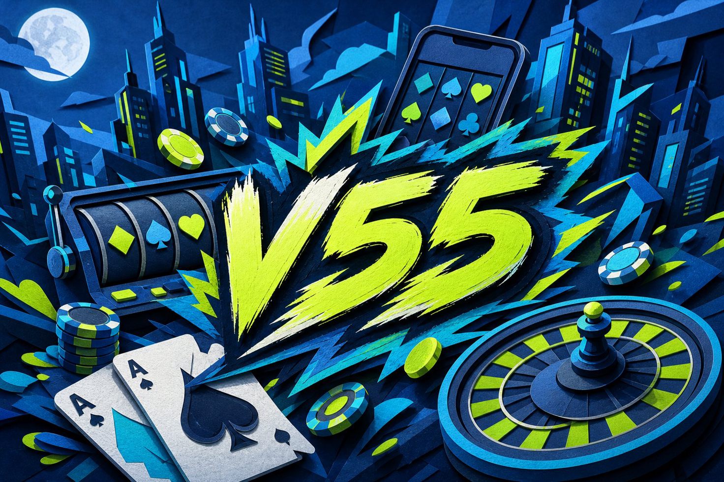 Tampilan antarmuka V55 dengan deretan hadiah dan menu permainan kasual